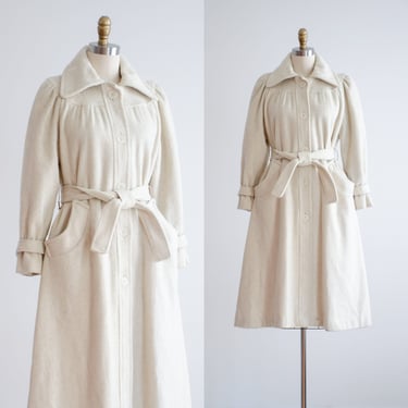 cream wool princess coat 70s 80s vintage belted wool coat 