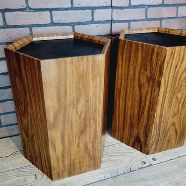 Vintage Mid Century Faux Wood Hexagon Drum End Tables 