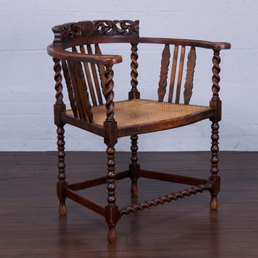 Antique French Louis XIII Barley Twist Oak Desk Chair W/ Cane Seat 