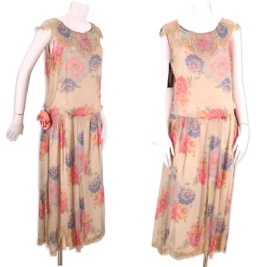 20s silk chiffon print dress, vintage 20s Art Deco flapper dress, rose print Gatsby dress Antique 