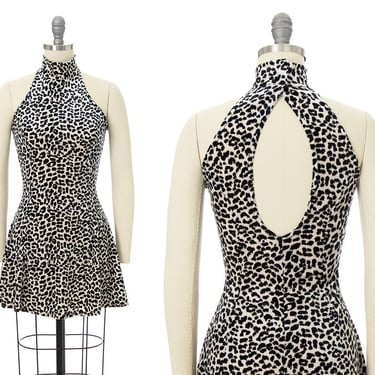 Vintage 1990s Mini Dress | 90s Leopard Print Velvet Mockneck Halter Keyhole Skater Dress (x-small/small) 