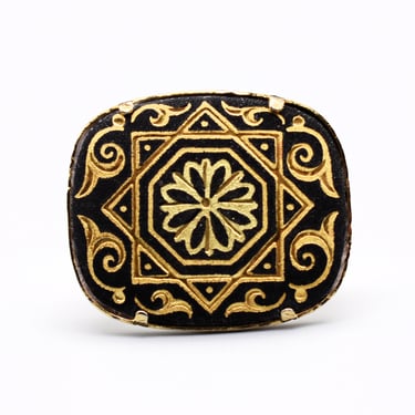 70's Damascene gold inlaid oxidized steel abstract floral pin, ornate rounded rectangle flower brooch 
