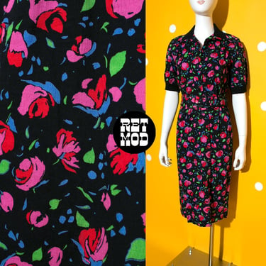 Betsey Johnson Vibes Vintage 90s Black Pink Floral Polo Shirt Dress with Matching Belt 