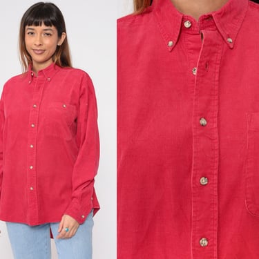 Red Corduroy Shirt 90s Button Up Shirt Long Sleeve Boyfriend Casual Basic Plain Retro Collared Chest Pocket Vintage 1990s Men's Medium M 