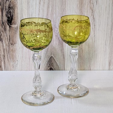 Saint-Louis Chartreuse and Gold Rhine Wineglasses, Antique French Crystal, set of 2 