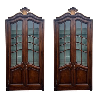 Pair of Karges Walnut Venetian Shell Carved Display Cabinets / Hutch / China Cabinets 