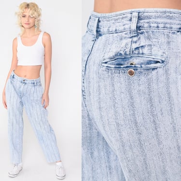 80s Striped Jeans Pleated Blue Mom Jeans High Waisted Denim Pants Relaxed Ankle Jeans 1980s Vintage Cotton Medium 30 