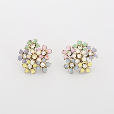 60s pastel rhinestone floral screw back earrings 