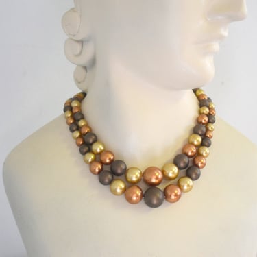 1950s/60s Brown and Gold Faux Pearl Two Strand Necklace 