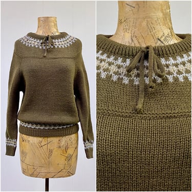 Vintage 1960s Olive Wool Fair Isle Sweater, Mid-Century Nordic Pattern Pullover, Small-Medium 38" Bust 