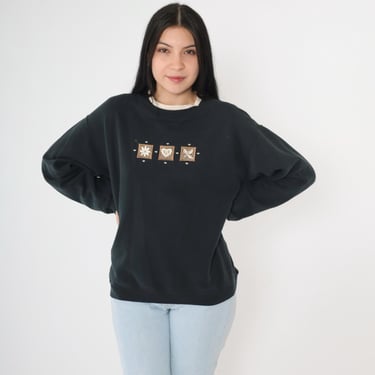 Vintage Floral Heart Sweatshirt 90s Black Embroidered Floral Grandma Sweater Pullover Retro Crewneck Morning Sun 1990s Large 