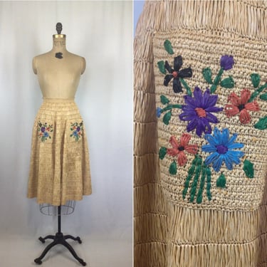 Vintage 40s skirt | Vintage natural raffia full skirt | 1940s floral woven raffia skirt 