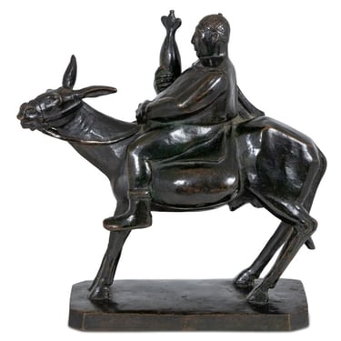 American "Man Riding Donkey" Patinated Bronze