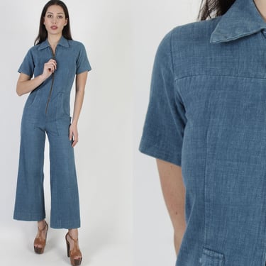 70s Heavyweight Denim Jumpsuit / Wide Leg Jean Playsuit / Vintage 70s Zip Up Utility One Piece / Womens Bell Bottom Coveralls 
