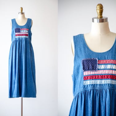 denim pinafore dress | 90s vintage Susan Bristol American flag patchwork Americana blue jean midi dress 