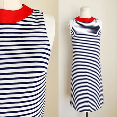 Vintage 1960-70s Navy Striped Knit Dress / M 