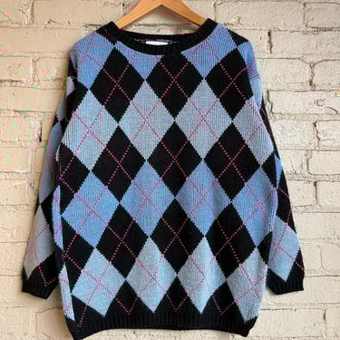 Med Large, Vintage 1980s Argyle Blue Pullover Sweater 