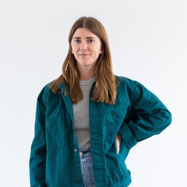 Vintage Emerald Green Work Jacket | Unisex Two Pocket Button Cotton Utility | Made in Italy | L XL | IT472 