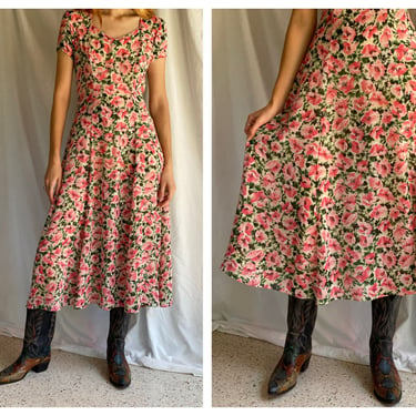 90s Midi Dress / Floral Semi Sheer Midi Rayon Dress / Nineties Midi Dress 