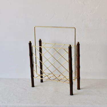 Vintage Mid Century Faux Bamboo Wood Brass Gold Book Magazine Rack Built in Handle 