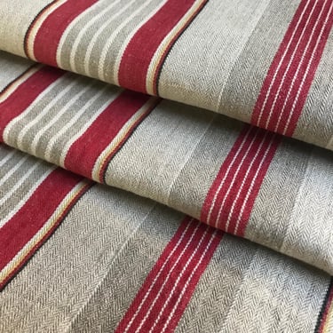 Antique French Linen Ticking Fabric, Red Rare Black Stripe, Sewing Upholstery Projects, Historical Restoration Textile 