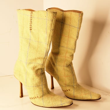Vintage Jimmy Choo Y2K Green Wool Plaid Mid-Calf Pointy Boots with Whipstitch Detail sz 37.5 7 7.5 Sex and the City 