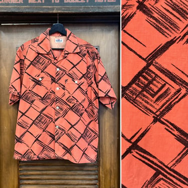 Vintage 1950’s Size L “Campus” Pink x Black Atomic Print Corduroy Rockabilly Shirt, 50’s Argyle, Vintage Clothing 