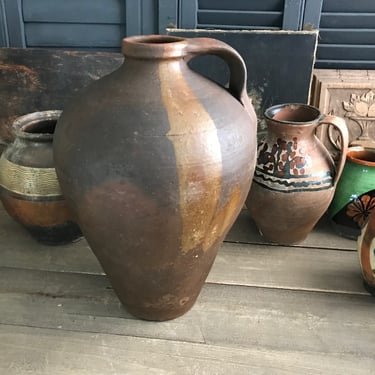 19th C Pottery Jug, Olive Jar, Redware Slip, Rustic Terra Cotta, Vase, Urn, European Farmhouse, Farm Table 