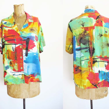 Vintage 90s Jams World Womens Short Sleeve Shirt M L  - 1990s Colorful Abstract Button Up Collared Blouse - Tiki Parrothead Vacation Cruise 