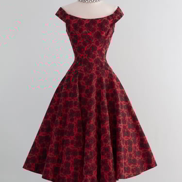 Stunning 1950's Estevez Crimson & Black Floral Brocade Cocktail Dress / SM