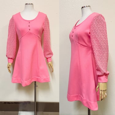 1960s Pink Mini Dress w Empire Princess Waist, Rhinestone Buttons & Lace Long Sleeves by Montgomery Ward Medium | Vintage, Gogo, Retro, Cute 