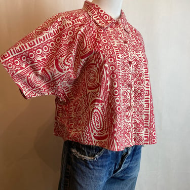 Vintage cotton Boxy shirt~ Hawaiian red white tiki print~ Hawaiian inspired hula ~oversized plus size button up short sleeve summer top XLG 