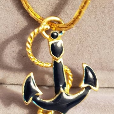 Blue and Gold boat anchor sailboat pendant necklace Korean goldtone chain 