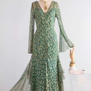 Stunning 1920's Poison Ivy Green Lace Evening Dress With Wings / Small