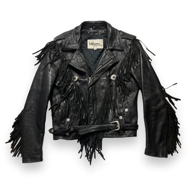 Vintage WILSON'S Black Leather Fringe Motorcycle Jacket ~ men's S ~ Biker ~ Cropped ~ 1980s ~ Concho / Belt / Belted 