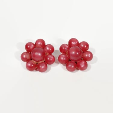 VINTAGE 1950's Dark Pink Moonglow Flower Cluster Clip On Earrings | 50s Retro MCM Jewelry | VFG 