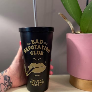 Bad Reputation Club gold glitter vinyl and black stainless steel tumbler with lid & straw 