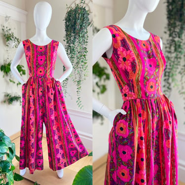 Vintage 1960s 1970s Palazzo Jumpsuit | 60s 70s Hawaiian Floral Print Striped Cotton Hot Pink Wide Leg Psychedelic Summer Romper (small) 
