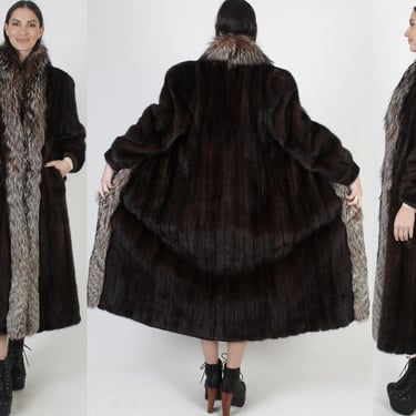 Full Length Dark Brown Mink Coat, Crystal Fox Fur Trim, 70s Mahogany Shawl Collar, Long Real Wedding Overcoat 