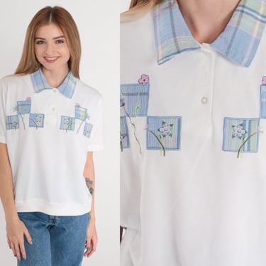 Floral Top 90s Polo Shirt White Embroidered Flower Print Blouse Blue Plaid Collared Banded Hem Quarter Button Up Vintage 1990s Petite Large 