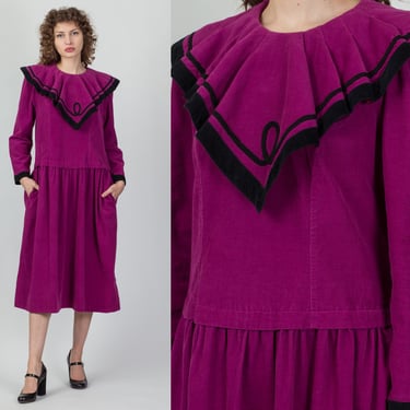 80s Magenta Corduroy Ruffled Bib Collar Dress - Large | Vintage Long Sleeve Drop Waist Midi Dress 