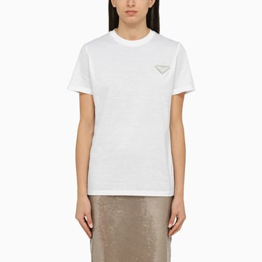 Prada White Crew-Neck T-Shirt With Rhinestones Women