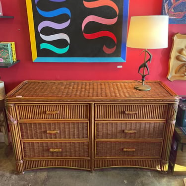1970's Rattan Lowboy 6 Drawer Dresser - 60" L