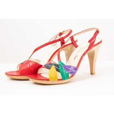 Vintage 1970s 1980s Nina strappy platform sandals / Cherry red rainbow heeled pumps / 6 