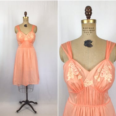 Vintage 50s Negligee | Vintage coral pink chiffon nightie | 1950s Artemis nightgown 