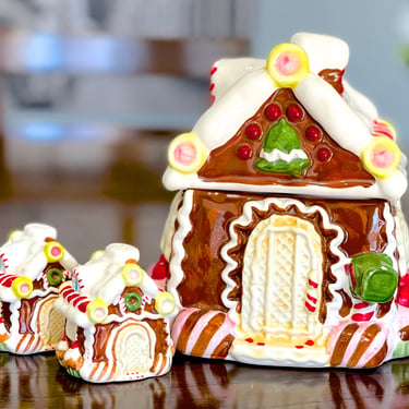 VINTAGE: Christmas Ginger Bread House Cookie Jar - Salt and Pepper Shaker Set - Ceramic Jar - Holiday - SKU 26 27-B-00035216 