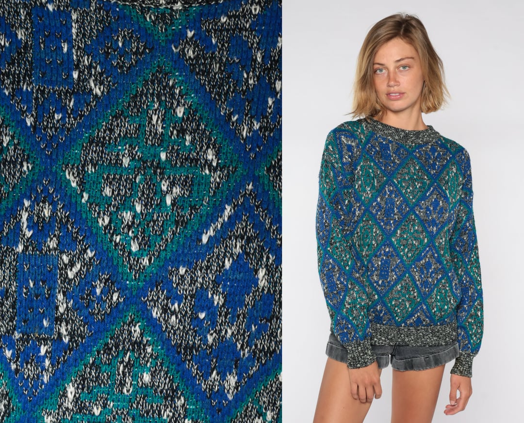 Women Vintage Knitted Sweater Crew Neck Geometric Pattern