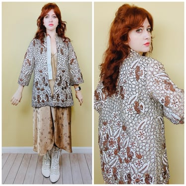 1970s Vintage Macelli Cream and Brown Cutwork / 70s / Seventies Floral Embroidered Jacket / Overcoat / medium 