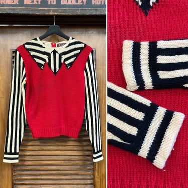 Vintage 1960’s Trompe L’Oeil Mod Stripe Collar Vest Detail Sweater, 60’s Mod Top, Vintage Pullover, Vintage Knit Top, Vintage Clothing 