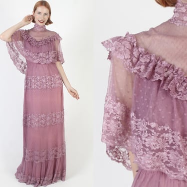 Floor Length Grecian Goddess Disco Dress, Vintage 70s Chiffon Capelet Party Maxi, Violet High Neck Victorian Party Outfit 